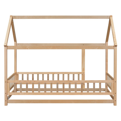 Bellemave Wooden Montessori Twin Size House Bed with Fence and Roof for Kids - Playhouse Frame in Natural Finish - WoodArtSupply