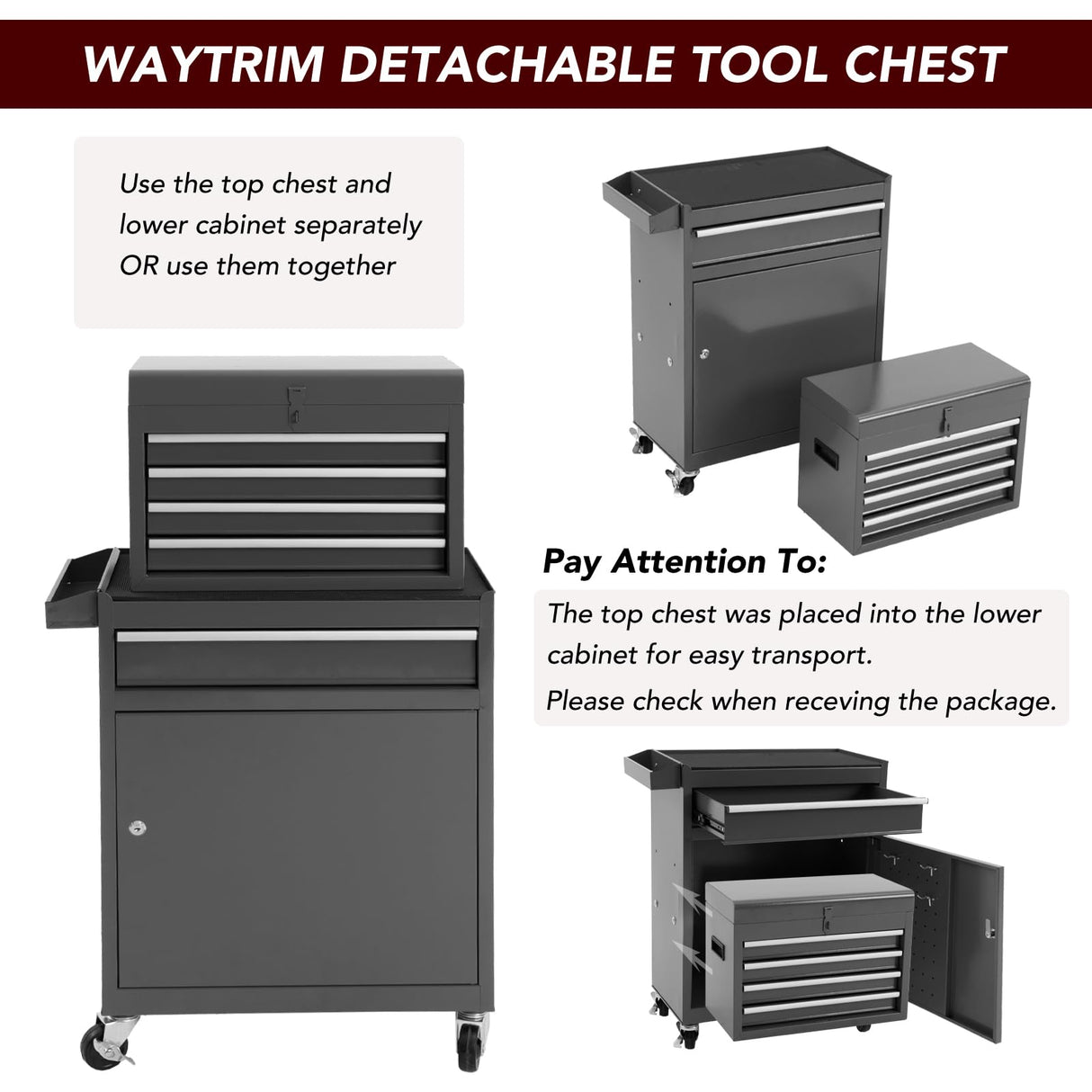 WAYTRIM 5-Drawer Rolling Tool Chest, Removable Tool Cabinet Box with Wheels and Drawers, Tool Cabinet Storage Box, Adjustable Shelf, Portable with Wheels and Lock for Warehouse, Repair Shop (Black) WAYTRIM
