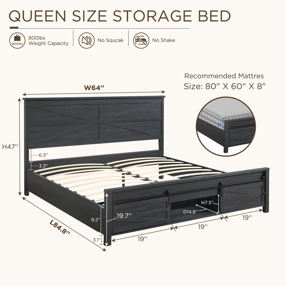 JXQTLINGMU Farmhouse Wood Bed Frame Queen Size with Sliding Barn Door Storage Cabinets and Headboard, Solid Wood Slats Support, Noiseless, No Box Spring Needed, Black JXQTLINGMU