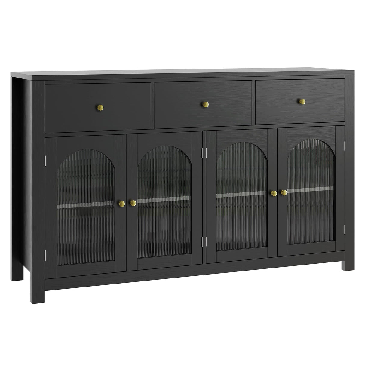 finetones Buffet Cabinet with Storage, 55.1" Large Sideboard Buffet Cabinet, Farmhouse Kitchen Cabinet Display Cabinet with 3 Drawers and 4 Doors, Wood Coffee Bar Cabinet for Kitchen, Black finetones