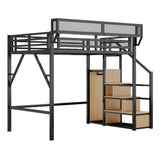 KEIKI Full Size Metal Loft Bed Frame with Staircase, Built-in Storage Shelves and Wardrobe, Modern Loft Bed with Solid Slats and Guardrail, No Box Spring Required, Easy Assembly, for Bedroom, Black KEIKI