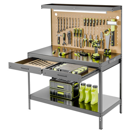 Henetion Work Bench, Workbench with Power Outlets and Light, A3 Steel Workbench with Drawers, Pegboard, 600LBS Capacity Garage Workbench, Heavy Duty Work Benches for Garage Workshop, Basement, Gray Henetion