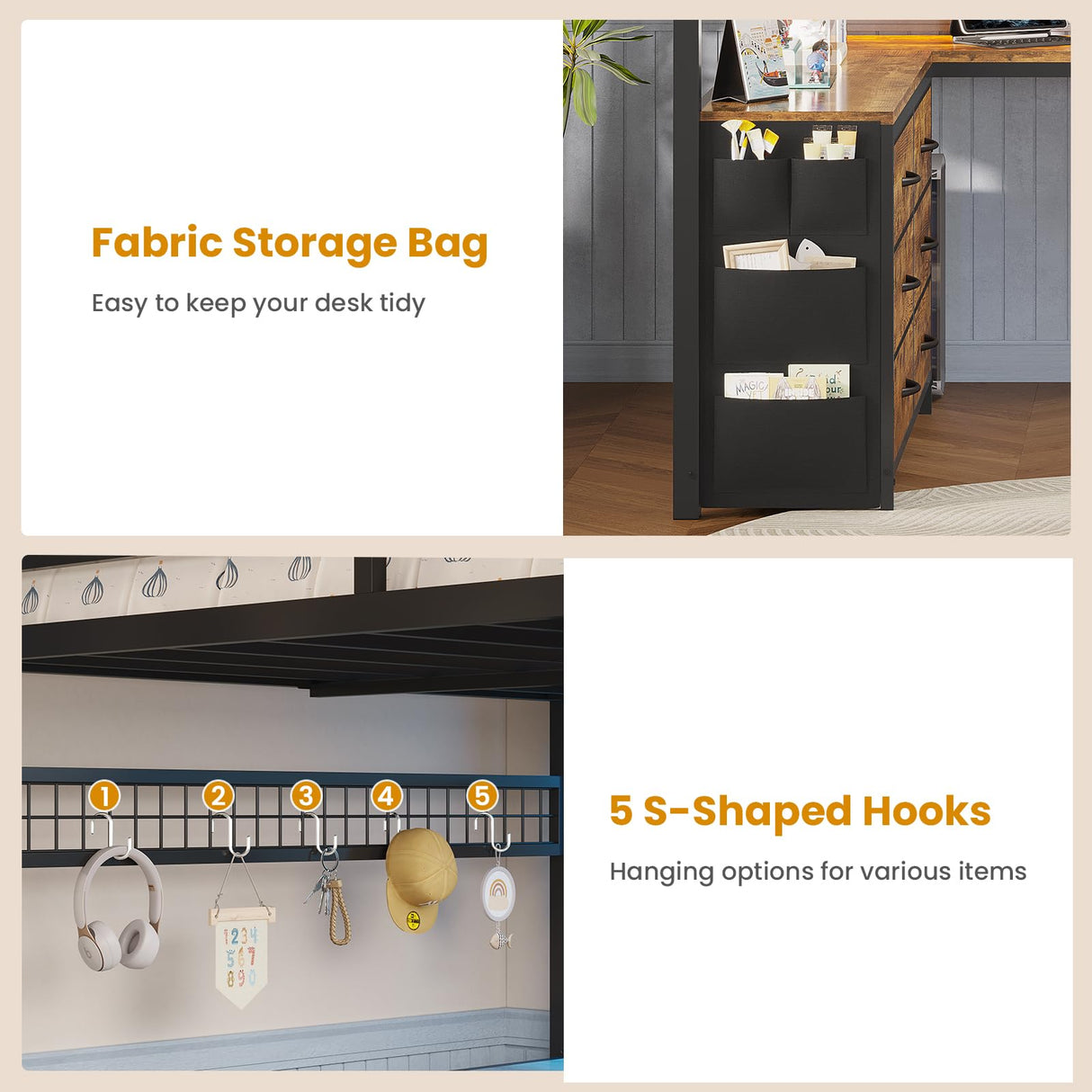 ADORNEVE Loft Bed Full Size with U-Shaped Desk, 6 Storage Drawers, Power Outlet, LED Metal Loft Bed with 2 Storage Shelves, Bed with Safety Guardrail & Ladders, No Box Spring Needed, Rustic Brown ADORNEVE