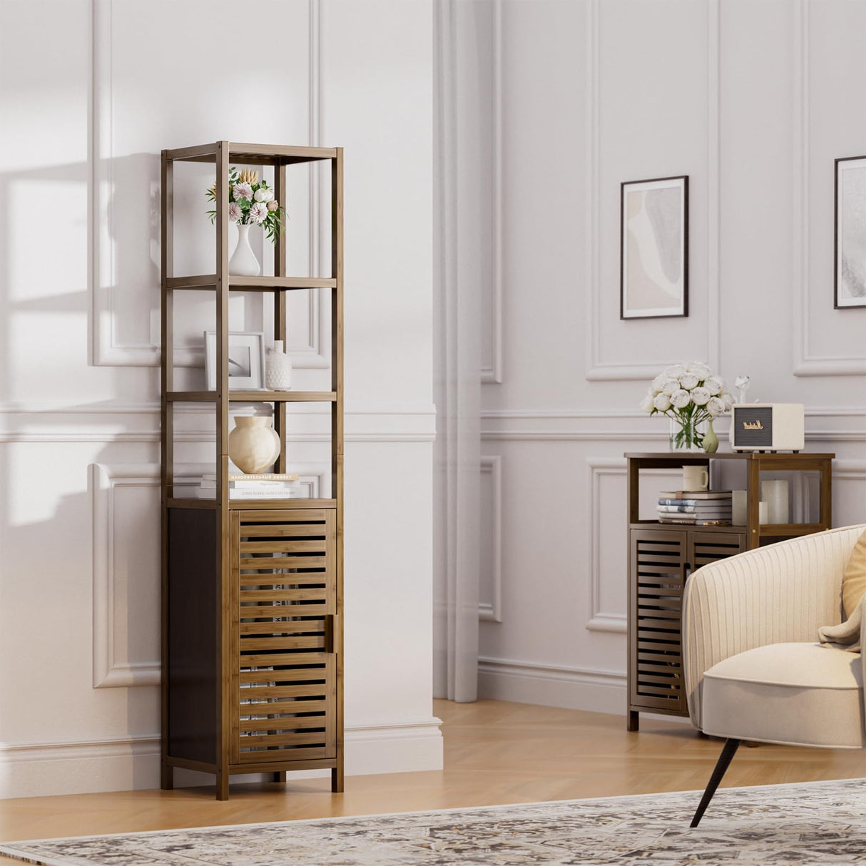 HITNET Bathroom Cabinet, Bamboo Floor Cabinet Freestanding Narrow Storage Unit with Removable Shelves, 6 Tier Tall Cabinet, Walnut HITNET