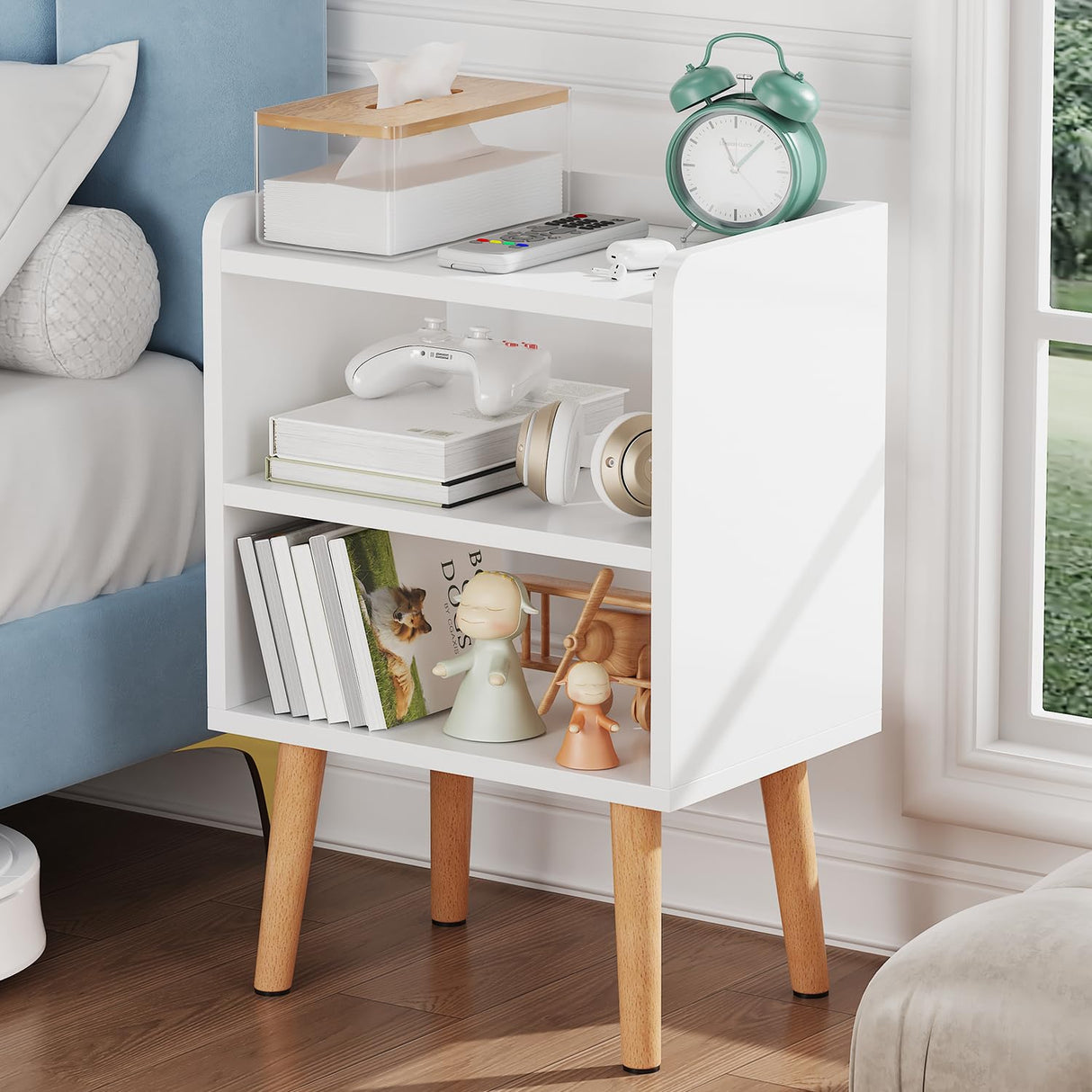 LUCKNOCK Night Stand, Modern Bedside Tables, Mid Century Nightstands with Open Storage Shelf, Wood Bedside Table, Small Night Stands for Bedroom, 3-Tier Night Table, White. LUCKNOCK