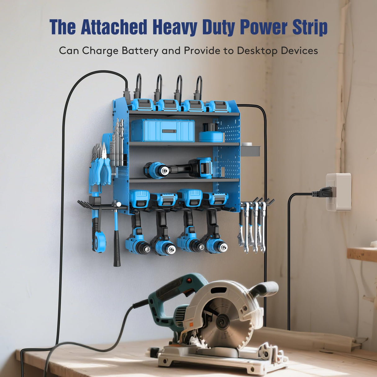 Heavy Duty Power Tool Organizer Wall Mount with Charging Station, 4 Layer Garage Storage Adjustable Shelves Height, Holds 4 Drills, 2 Hooks, Screw & Screwdriver box, Gifts for Fathers Day, Anniversary FURTIME