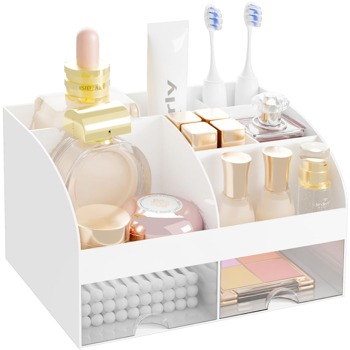 DIRZHX Bathroom Countertop Organizer, Toothbrush Holders for Bathroom, 6 Slots Toothpaste Bath room Counter Sink Organizer with Drawers, Plastic Organizers and Storage for Vanity (White) DIRZHX