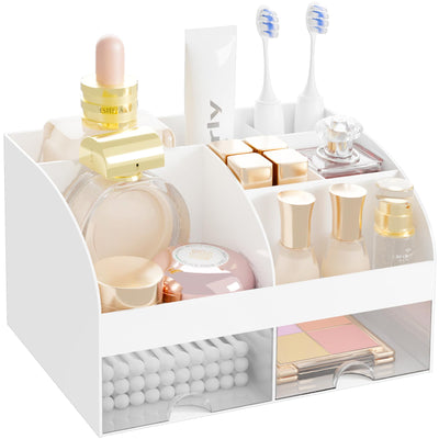 DIRZHX Bathroom Countertop Organizer, Toothbrush Holders for Bathroom, 6 Slots Toothpaste Bath room Counter Sink Organizer with Drawers, Plastic Organizers and Storage for Vanity (White)