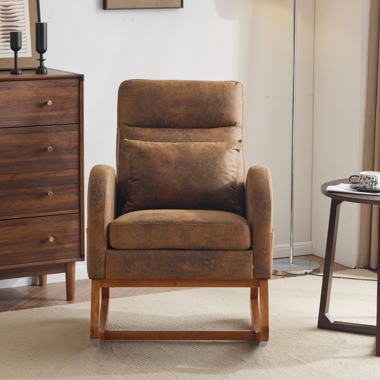 VINGLI Rustic Microfiber Nursery Rocking Chair with Thick Headrest, Upholstered Mid-century Modern Nursing Rocker Glider with Curved Armrest, Sturdy Solid Wood Base for Living Room, Bedroom, Baby Room VINGLI