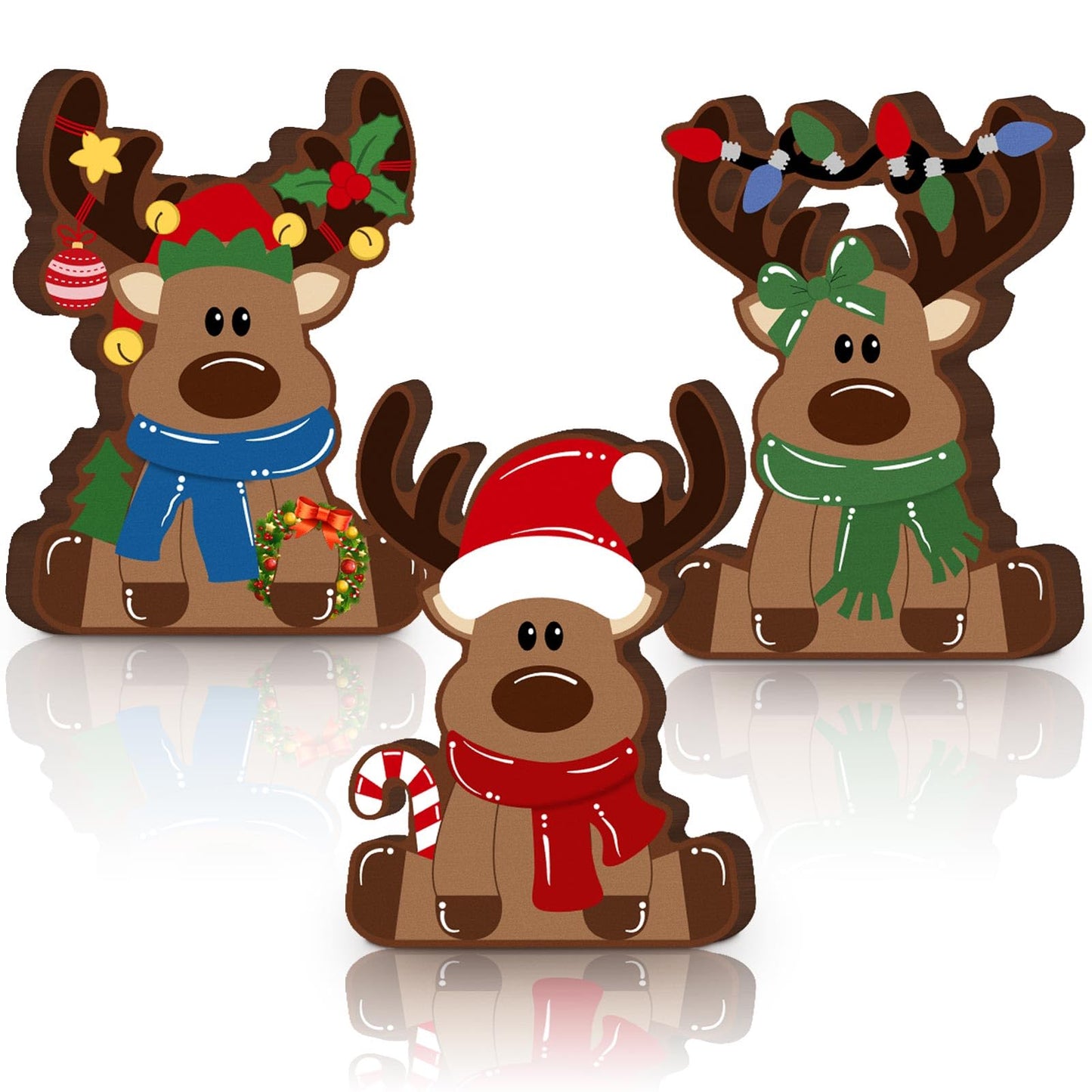 GlikCeil 3 Pcs Reindeer Christmas Tabletop Decorations Wooden Reindeer Shelf Decor Christmas Tiered Tray Rustic Farmhouse Christmas Reindeer Standing Tabletop Elk Decor for Home Shelf Cabinet Table