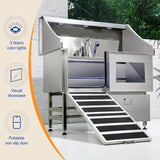 Dog Washing Station, LED Professional Stainless Steel Dog Bathing Station, Dog Bathtub for Large, Medium & Small Dog, Dog Grooming Tub with Window, Ramp, Drawer, Floor Grate & Fauct （Left RAMP, 50"） polimo