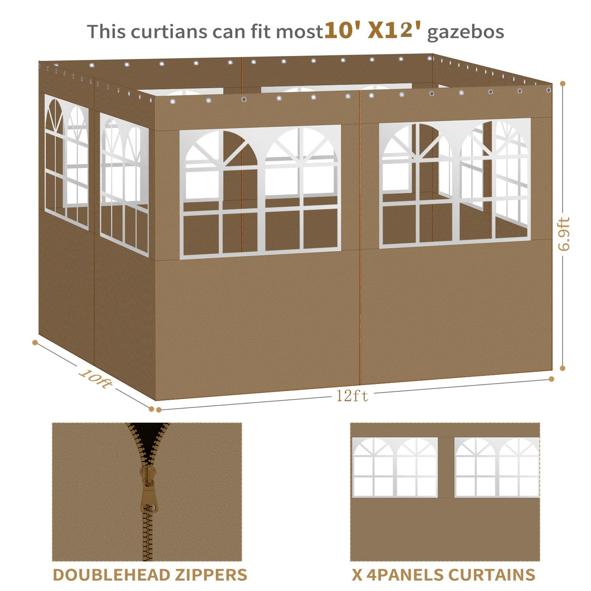 aonear Gazebo Privacy Curtains 10' x 12' with PVC Windows, 4-Panels Side Wall with Zipper Universal Replacement for Patio, Outdoor Canopy, Garden and Backyard aonear