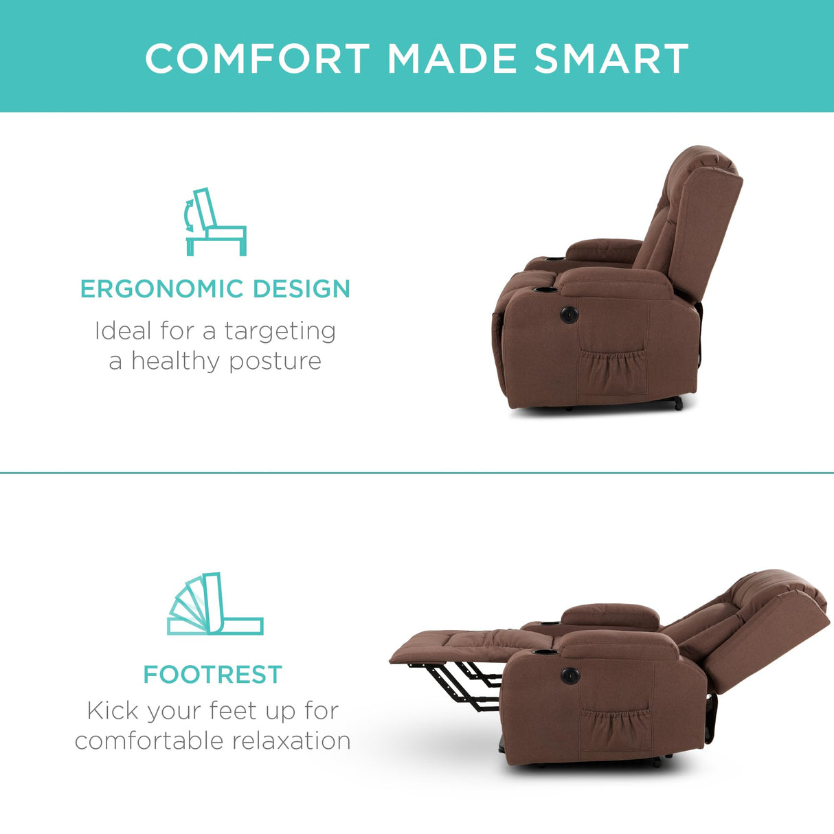 Best Choice Products Modern Linen Electric Power Lift Chair, Recliner Massage Chair, Adjustable Furniture for Back, Legs w/ 3 Positions, USB Port, Heat, Cupholders, Easy-to-Reach Button - Brown Best Choice Products