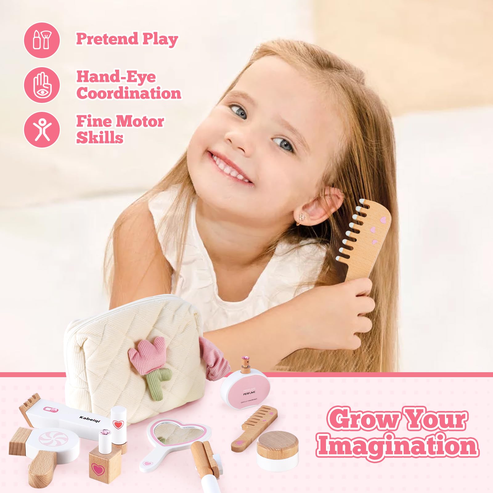 16Pcs Wooden Makeup Kit Toy for Toddlers, Pretend Play Beauty Salon Set with Styling Tools, Cosmetics and Storage Bag for Kids Age 3+ - WoodArtSupply