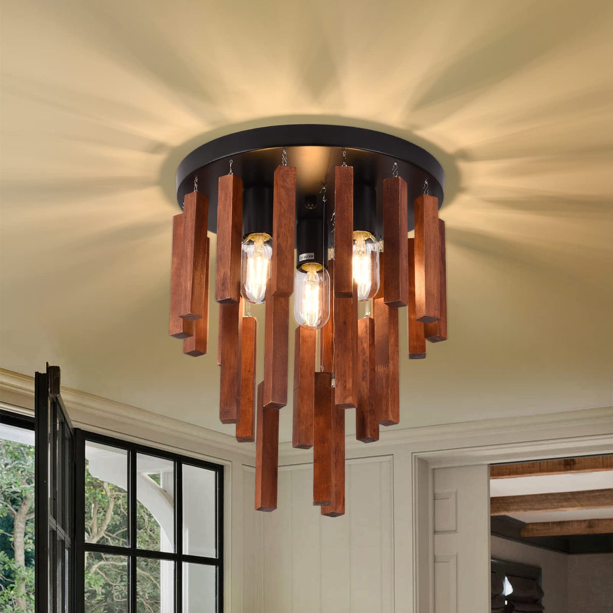 Farmhouse Flush Mount Ceiling Light Fixture, Rustic 3-Light Wood Strip Close to Ceiling Lights,Retro Vintage Red Oak and Black Kitchen Ceiling Lighting for Hallway Bedroom Entryway Living Dining Room Neechicx