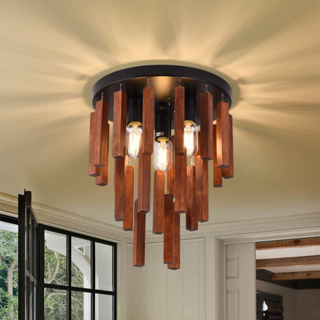 Farmhouse Flush Mount Ceiling Light Fixture, Rustic 3-Light Wood Strip Close to Ceiling Lights,Retro Vintage Red Oak and Black Kitchen Ceiling Lighting for Hallway Bedroom Entryway Living Dining Room Neechicx