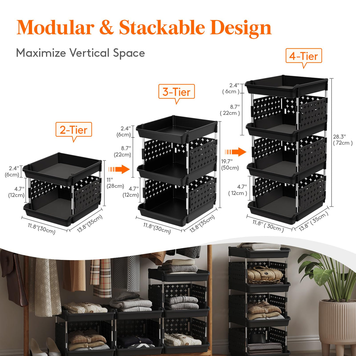 Lifewit Plastic Stackable Storage Baskets, 4 Tier Stacking Bins 13.8"D x 11.8"W x 28.3"H, Large Capacity Multi-Functional Containers Shelves for Pantry, Playroom, Kitchen and Bedroom, 1 Pack, Black Lifewit