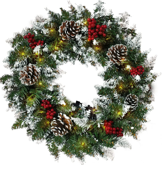 Christmas Wreath for Front Door, Pre-lit Christmas Winter Home Adornment Wreath with 50 Lights and Mixed Decorations for Front Door Indoor Window Wall Décor (18 inch - Battery Not Included)