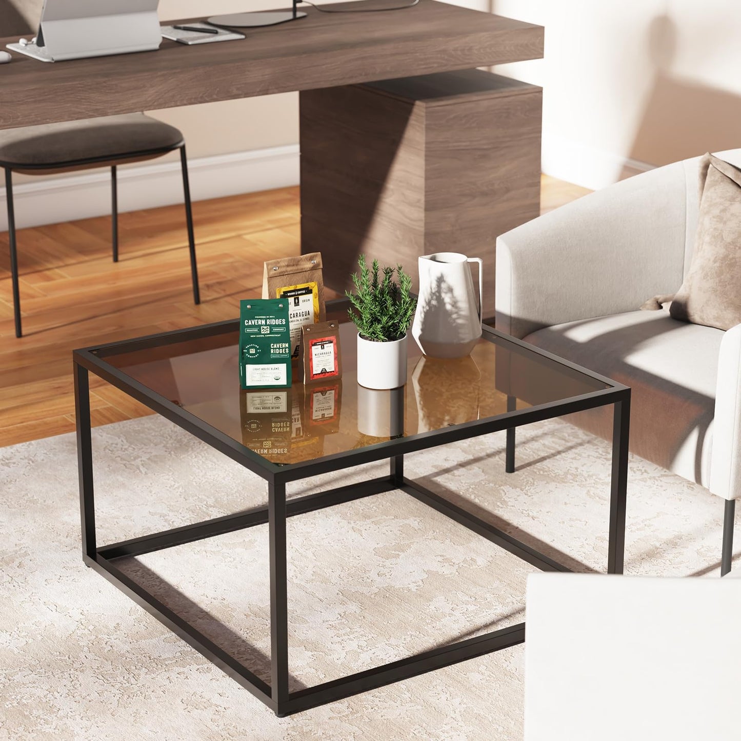 YMYNY Glass Coffee Table, Tempered Glass Square Coffee Tables with Metal Frame, Unique Modern Table for Living Room Home Office 26.77" x 26.77" x 15.75", Dark Brown, UHCT001T