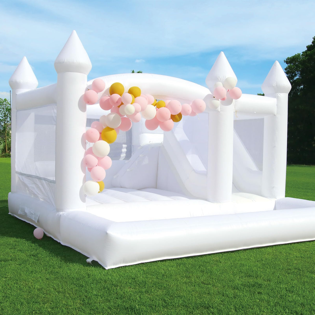 15FT White Bounce House with Slide Ball Pit for Adults Big Kids,100% PVC Commercial Bounce House with 1100W Blower,Large Inflatable Bounce House for Birthday Party Wedding 15ft x 15ft x 10ft awesmflate