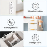 Pamapic Glass Top Vanity Desk with Mirror and Lights, 11 Drawers Makeup Vanity with Charging Station and Chair, Golden Handles Dressing Table, 3 Lighting Modes Makeup Table, White Pamapic