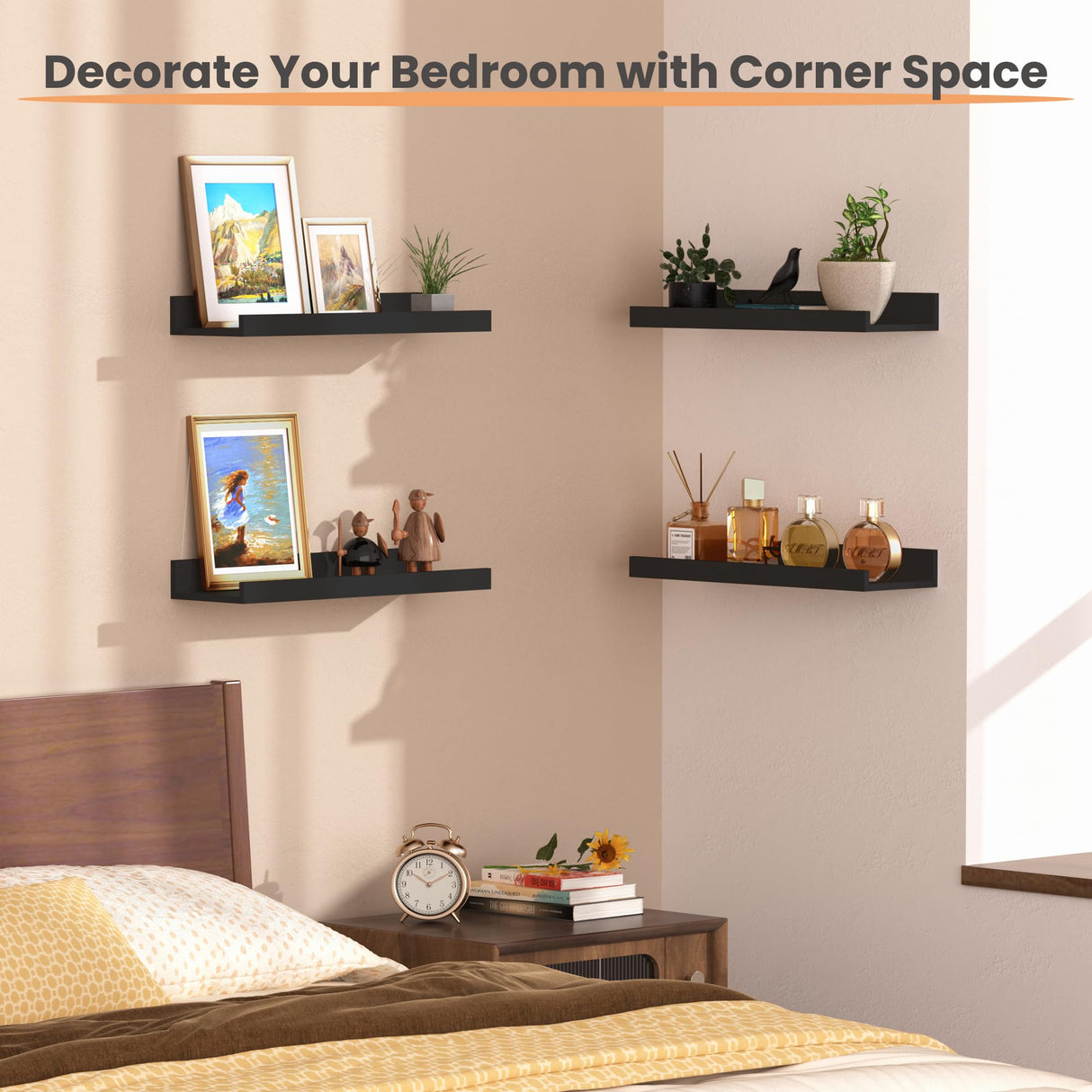 upsimples Floating Shelves for Wall, Wall Shelves for Decor Storage Set of 6, Wall Mounted Wood Shelves for Bedroom, Living Room, Bathroom, Kitchen, Picture Ledge Shelves, Black upsimples