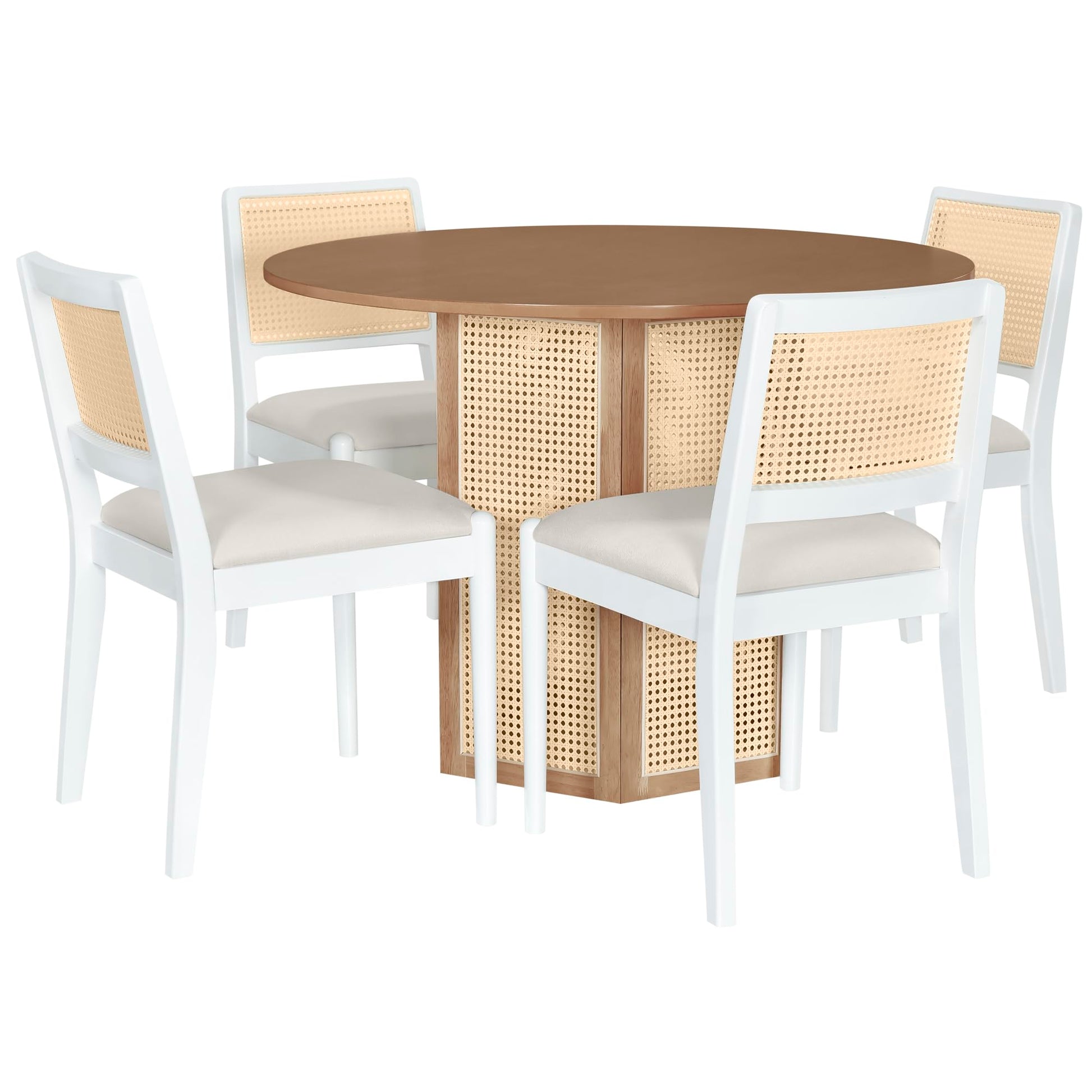 Linique 5-Piece Rattan Round Dining Table Set,Wood Table with Hexagonal Rattan Base and 4 Upholstered Seating Chairs for Dining Room,Kitchen,Indoor Use,White+Beige - WoodArtSupply