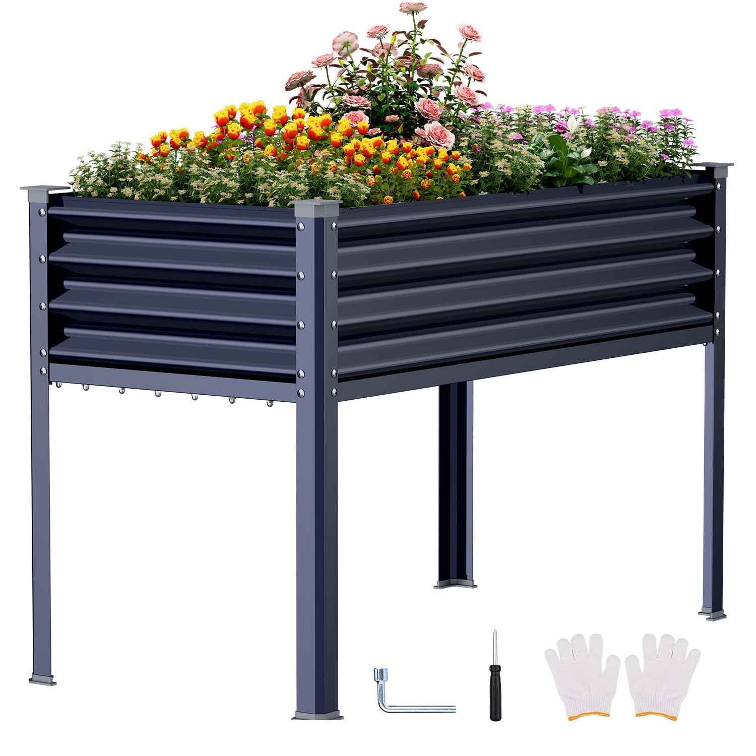 Keten Raised Garden Bed with Legs, 48×24×32in Outdoor Metal Galvanized Elevated Planter Box with Glove, Socket Wrench, Screwdriver for Vegetables, Flower, Backyard, Patio, Balcony (Dark Blue) - WoodArtSupply