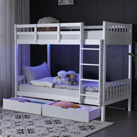VINGLI Bunk Bed Twin Over Twin with 2 Storage Drawers/RGB LED/Charging Station, Convertible Solid Wood Bunk Bed Frame with Ladders, White VINGLI