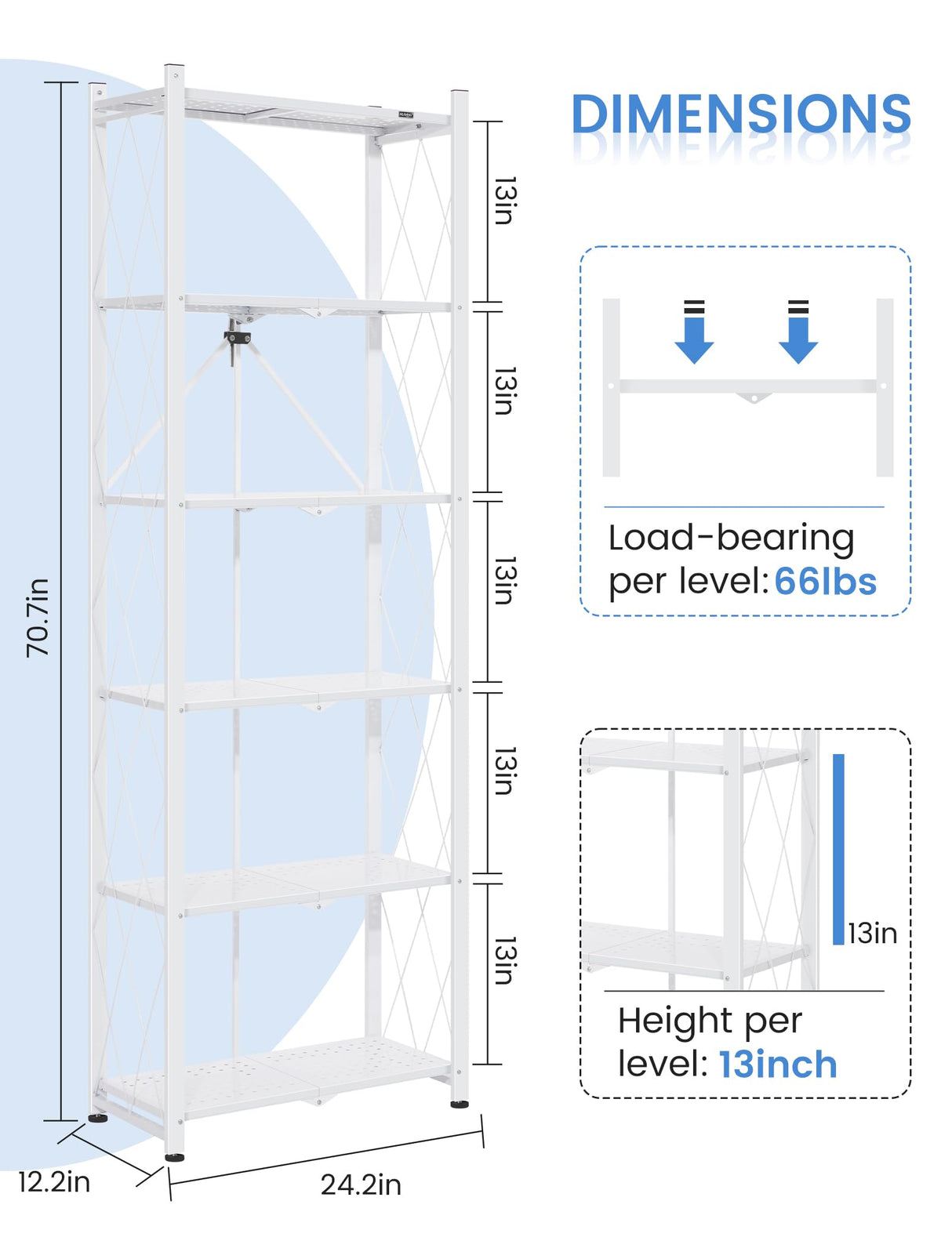 ALANNG 70.7-Inch Folding 6-Tier Metal Bookshelf - Versatile Heavy-Duty Bookcase (White, 2-Pack) ALANNG