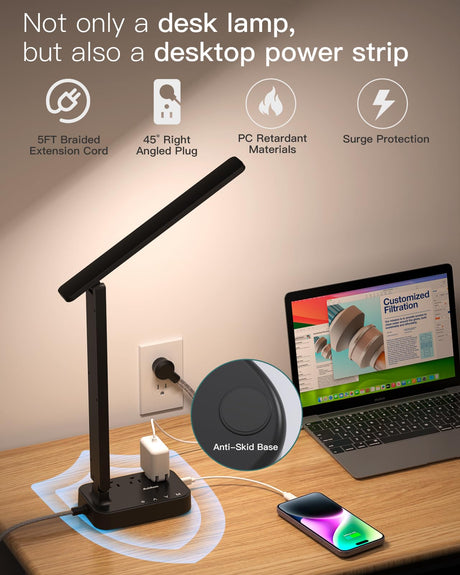 Addtam LED Desk Lamp, Power Strip with 3 Outlets 4 USB Charging Ports(2 USBC), 4 Modes 5 Level Brightness Touch Lamp, Small Desk Lamp for Home Office College Dorm Room Essentials Addtam