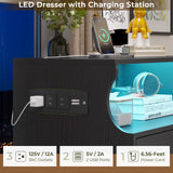 Hasuit Black Dresser with Charging Station, 4 Drawers LED Dresser for Bedroom, Chest of Drawers with Open Space, Large Capacity Tall Storage Cabinet, Black Dresser for Bedroom Hasuit