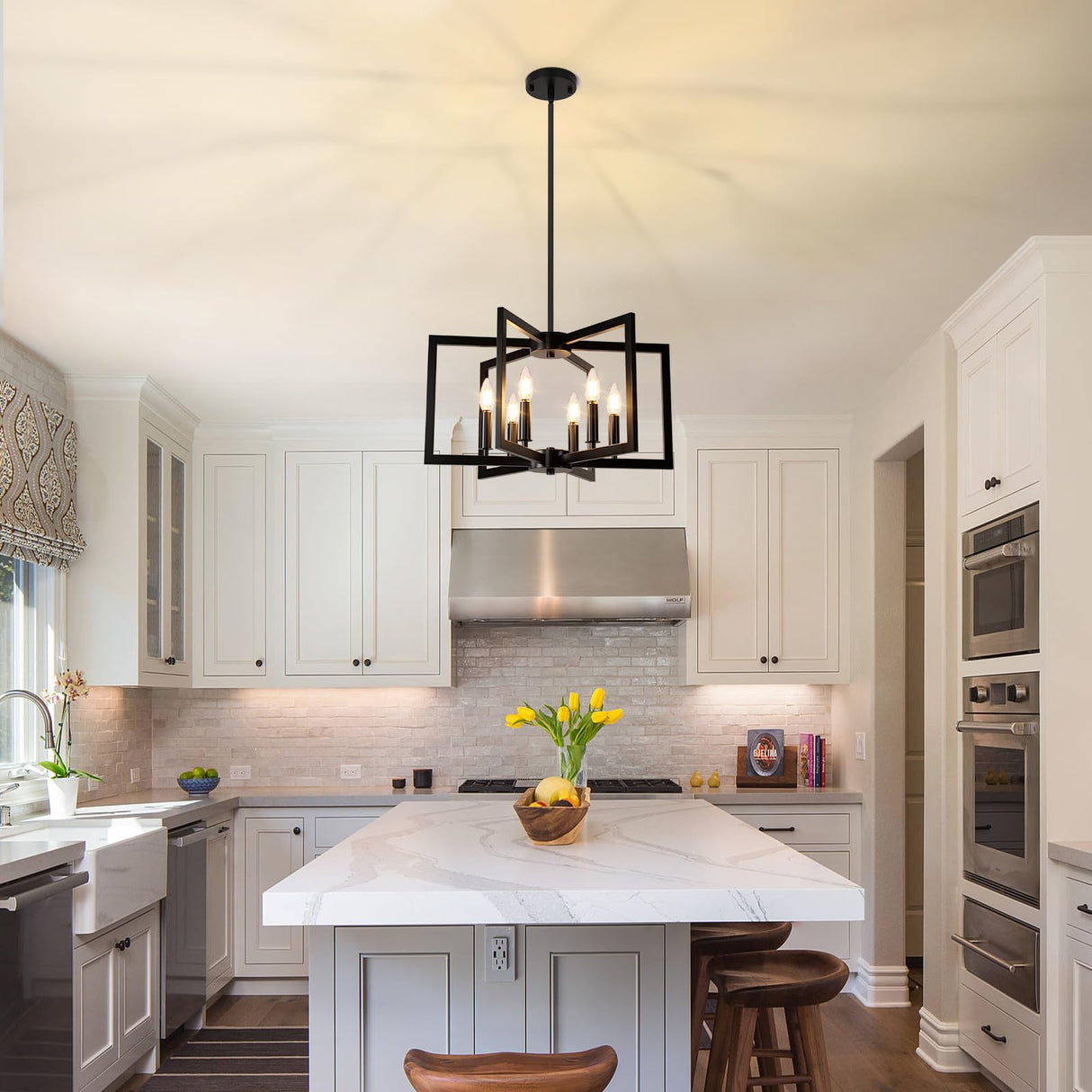 6-Light Black Chandelier, Farmhouse Dining Room Light Fixture, Large Modern Chandelier, Geometric Industrial Metal Hang Lighting Fixture for Foyer Entryway Kitchen Over Table Hallway Living Room Bairth