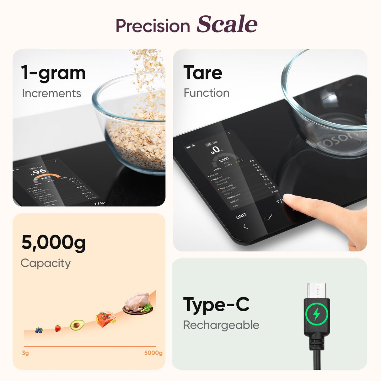 Cosori Smart Food Kitchen Scale with Nutritional Calculator, Free App for AI Scan, Calorie & Macro Tracking, Food Preload, On-Screen Nutrient Info, Personal Goals, Rechargeable, 11 lb / 5 kg COSORI