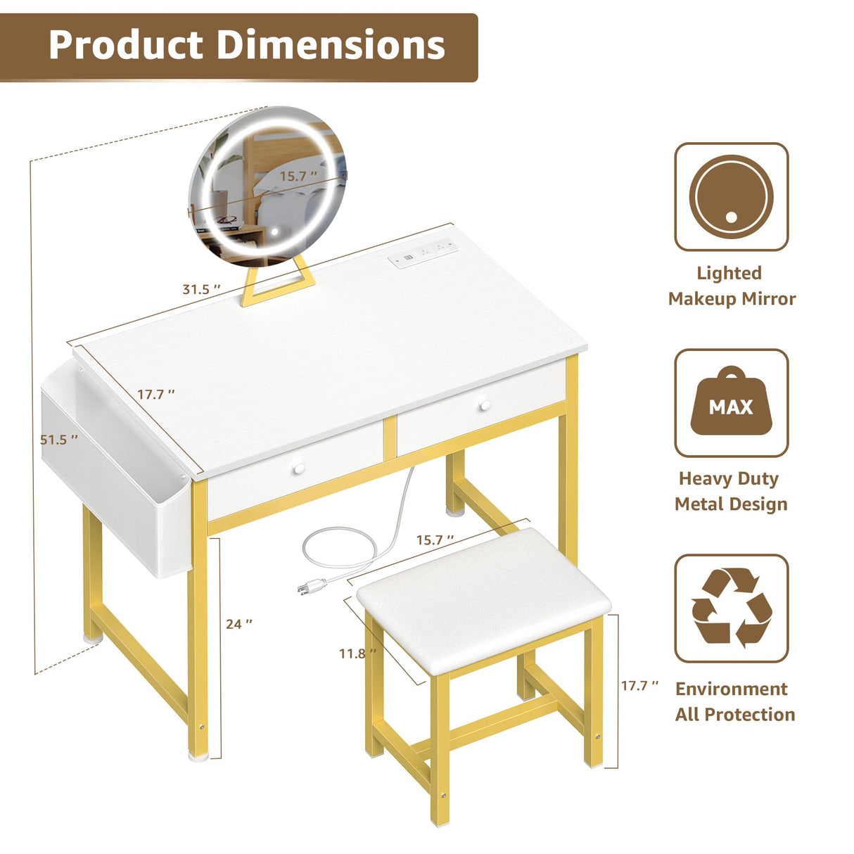 KAI-ROAD Makeup Vanity Desk with Mirror and Lights - Small White Gold Vanity Table with Fabric Drawers & Chair, Power Outlet, Modern Make Up Vanitys Desks Set, Dressing Table for Girls Bedroom KAI-ROAD