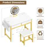 KAI-ROAD Makeup Vanity Desk with Mirror and Lights - Small White Gold Vanity Table with Fabric Drawers & Chair, Power Outlet, Modern Make Up Vanitys Desks Set, Dressing Table for Girls Bedroom KAI-ROAD