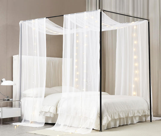 Akiky Canopy Bed Curtains with Light Princess Bed Canopy Scarf for Full/Queen Metal Bed Frame,Wood Frame Bed-2 Panel Sheer Curtain(Full/Queen,White)