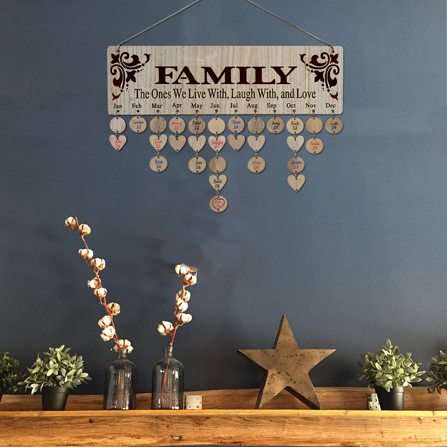 [Gifts for Mom Dad] Family Birthday Calendar Wall Hanging,Wooden Birthday Reminder Plaque Sign Family DIY Calendar Hanging Board Personalized Gifts - WoodArtSupply