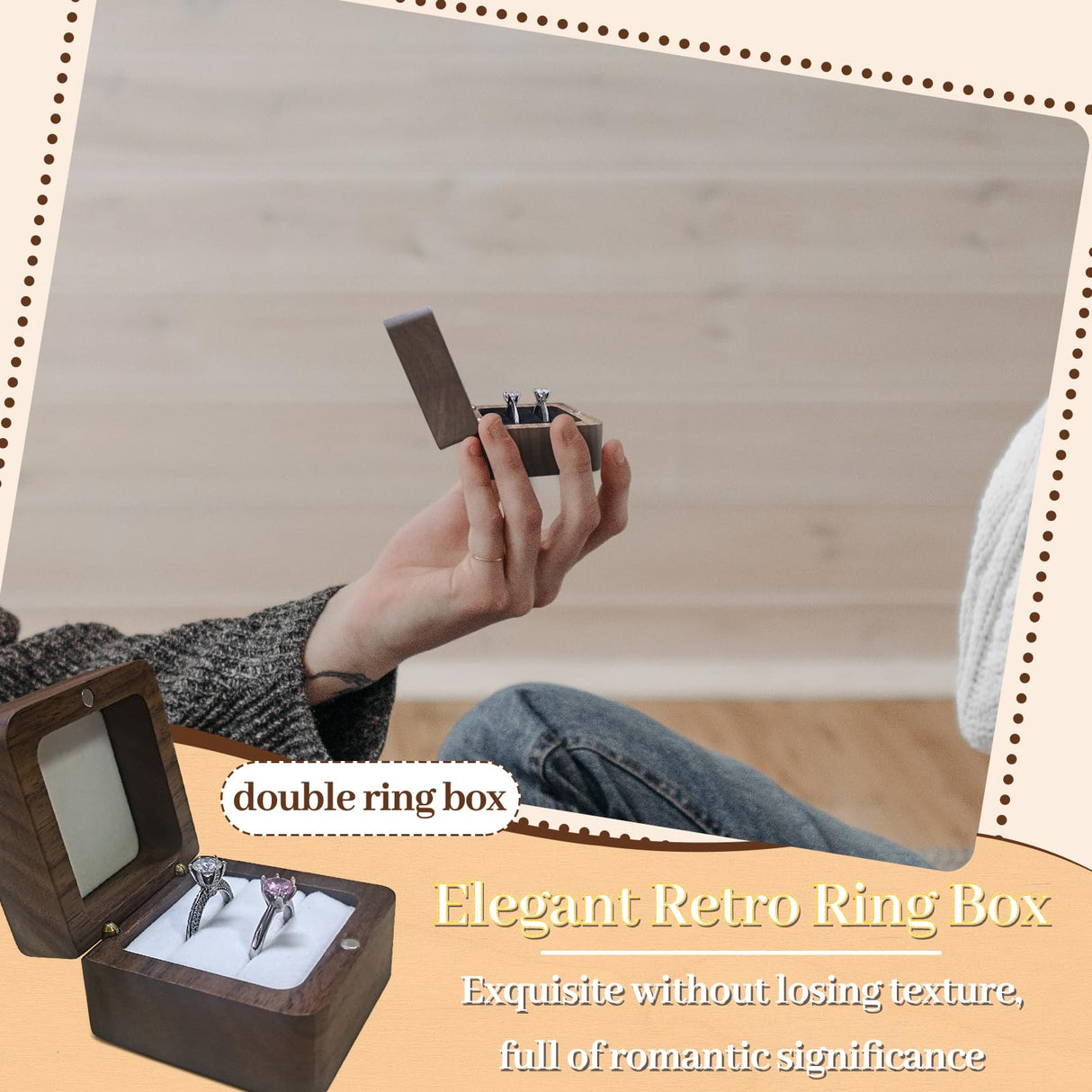 WisePoint Personalized Wooden Ring Box, Mini Engagement Ring Holder Box with Double Slot, Square Wedding Ring Box for Ring, Elegant and Retro Ring Holder Box for Wedding, Ceremony (black) WisePoint