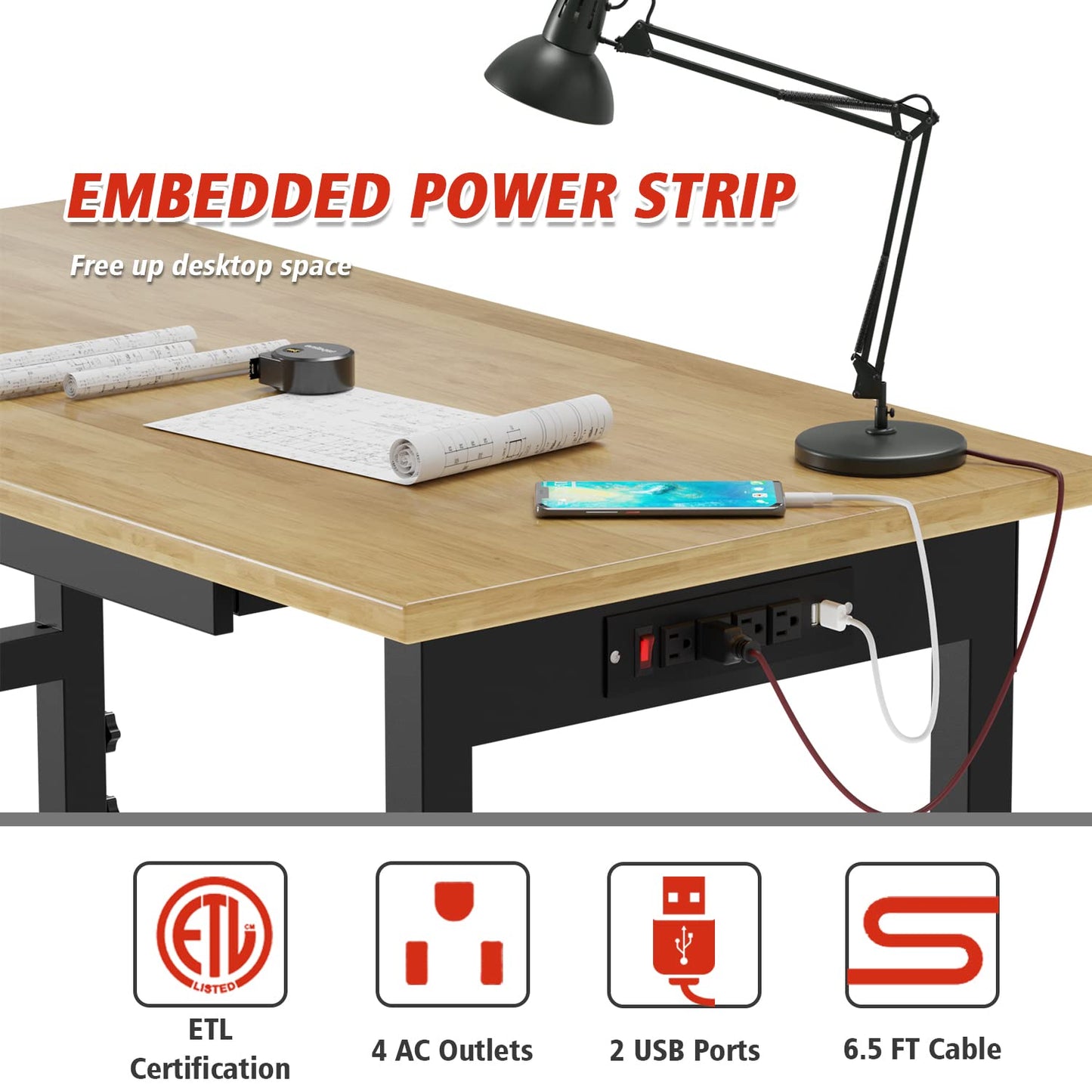 48" Adjustable Workbench, Rubber Wood Top Heavy-Duty Workstation, 2000 LBS Load Capacity Hardwood Worktable with Power Outlets, for Workshop, Garage, Office, Home (48in Workbench with a drawe - WoodArtSupply