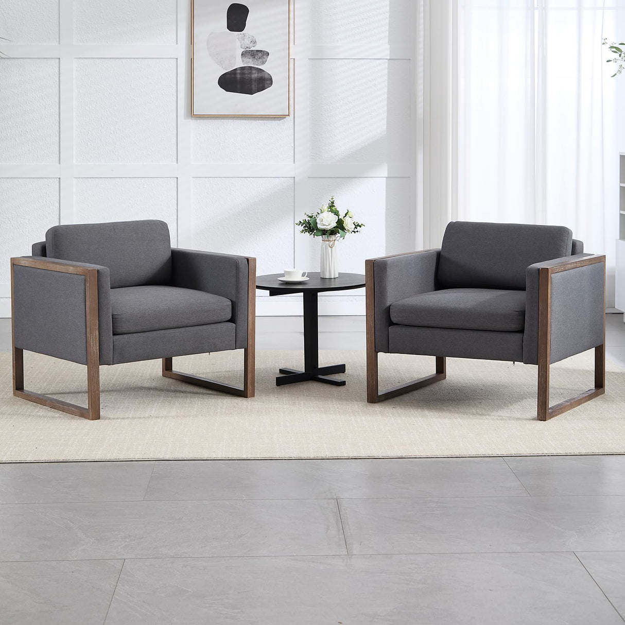 Kmax Modern Accent Chairs Set of 2, Charcoal Fabric Upholstered Club Chair, Comfy Arm Reception Chairs Living Room Chair for Hotel Conference, Walnut Wood Kmax