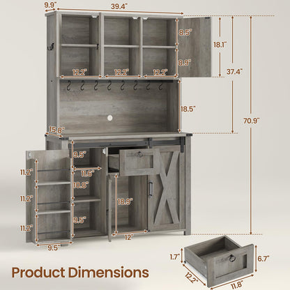 YIDUNLIFE Kitchen Pantry Cabinet, Farmhouse Kitchen Cabinet with Drawer, Sliding Barn Doors Kitchen Storage Cabinets with Adjustable Shelves for Dining Room, Grey