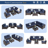 FHFO 7 Piece Outdoor Wicker Patio Furniture Set, Rattan Sectional Sofa Couch, Patio Conversation Set with Cushion & Coffee Table, for Backyard Poolside Porch Garden, Brown-Blue FHFO