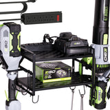 KAFAHOM Leaf Blower and Weed Eater Rack with Charging Station, Lawn Power Tool Organizer Wall Mount, Lawn Tool Storage Rack for Leaf Blower, Weed Eater, Battery, Charger, Black KAFAHOM