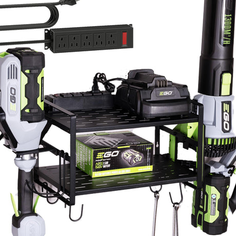 KAFAHOM Leaf Blower and Weed Eater Rack with Charging Station, Lawn Power Tool Organizer Wall Mount, Lawn Tool Storage Rack for Leaf Blower, Weed Eater, Battery, Charger, Black KAFAHOM