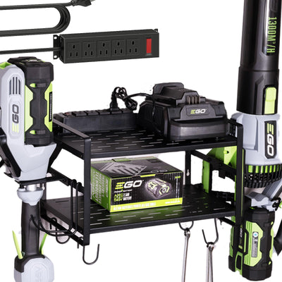 KAFAHOM Leaf Blower and Weed Eater Rack with Charging Station, Lawn Power Tool Organizer Wall Mount, Lawn Tool Storage Rack for Leaf Blower, Weed Eater, Battery, Charger, Black