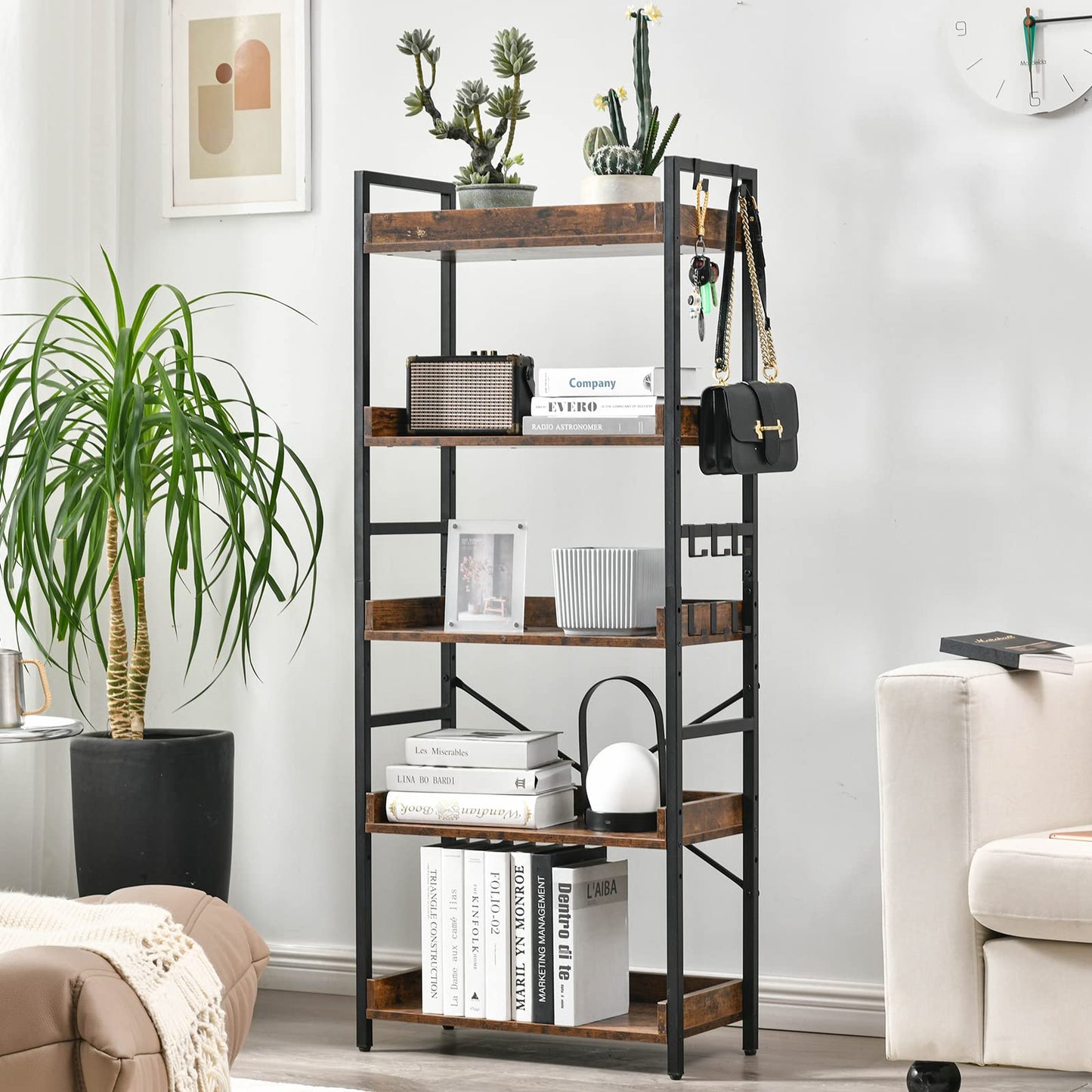 HCHQHS Rustic Brown 5-Tier Adjustable Open Bookcase with Industrial Metal Accents - WoodArtSupply