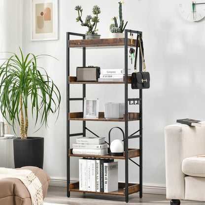 HCHQHS Rustic Brown 5-Tier Adjustable Open Bookcase with Industrial Metal Accents - WoodArtSupply