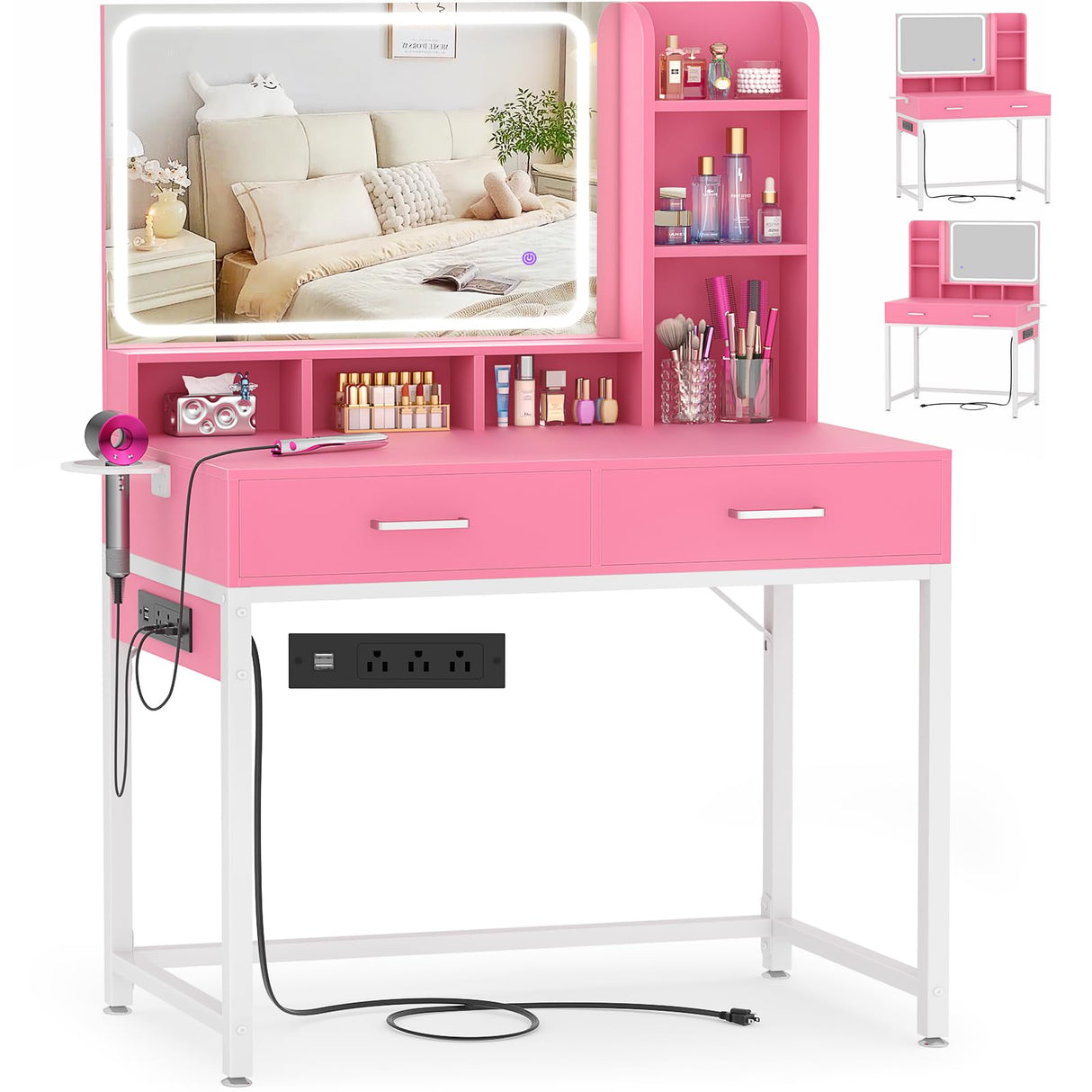 Small Vanity Desk, Vanity Desk with Mirror and Lights, Makeup Vanity Desk with Power Strip, Vanity Table with Drawers and Shelves, Adjustable Lighting, Dressing Table for Bedroom Dressing Room, Pink Cyclysio