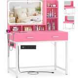 Small Vanity Desk, Vanity Desk with Mirror and Lights, Makeup Vanity Desk with Power Strip, Vanity Table with Drawers and Shelves, Adjustable Lighting, Dressing Table for Bedroom Dressing Room, Pink Cyclysio